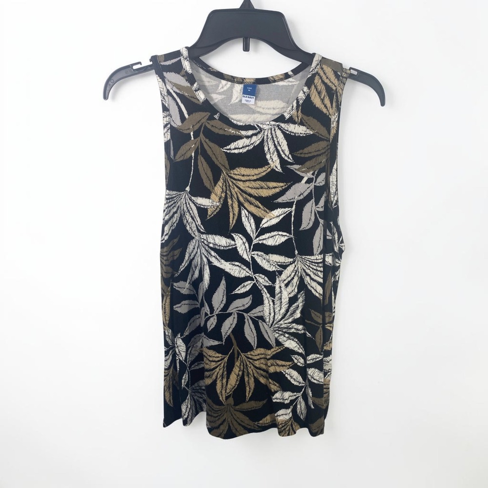 Old Navy Luxe Tank Top Womens Medium Black Olive Green Tropical Leaf Sleeveless